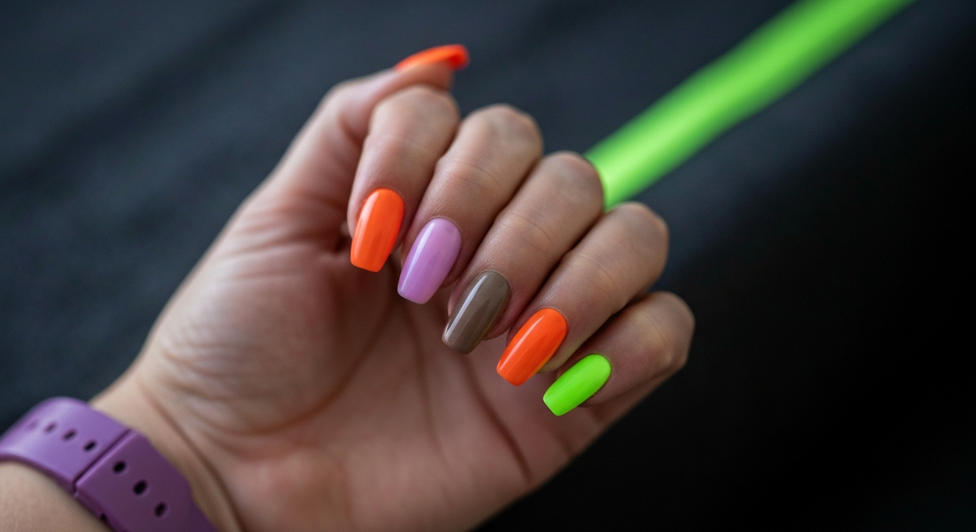 Trendy kolory paznokci lato 2026 – Neon + ziemia: Czy to duet idealny?!